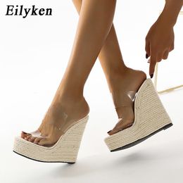 Slippers Eilyken Summer PVC Transparent Peep Toe Cane Straw Weave Slippers Platform Wedges Sandals Women Fashion High Heels Female Shoes 230413