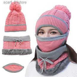 Hats Scarves Sets Women's Winter Hat Mask Bib 3 Piece Set Velvet Thick Knitted Hat Warm Ear Protection Mixed Colour Woollen Hat for Women CsL231113