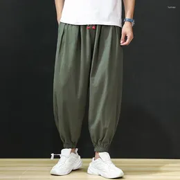 Men's Pants Mens Japanese Harajuku Style Cotton And Linen Drawstring Harem Solid Thin Section Loose Wide-leg Trousers