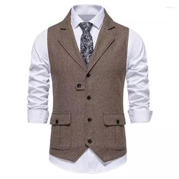 Men's Vests Suit Vest Western Herringbone Tuxedo Tweed Wool Blend Waistcoat Slim Fit Brown Blazer With 2 Flap Pocket