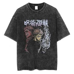 Men's T-Shirts Anime Jujutsu Kaisen Washed T-shirts Summer Vintage 100% Cotton T Shirt Unisex Harajuku Casual Tees Loose Streetwear Tops 230413