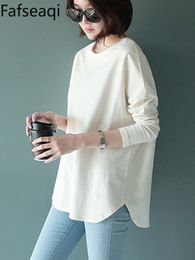 Women's T-Shirt White Pure Cotton Women's Oversize T-shirt with Long Sleeves Spring Basic Simple O Neck Sweatshirt Baggy T-shirts for Women 230413