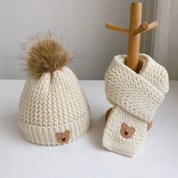 Caps Hats Autumn and winter children's hat scarf two-piece set winter warm fleece boy and girl children bear Woollen hat neckerchief 231113