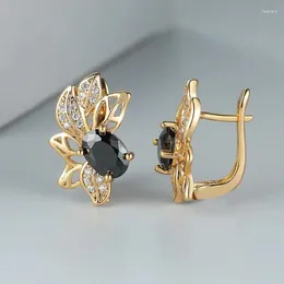 Hoop Earrings Huitan Oval Black Stone Flower Shaped For Women Luxury Wedding Bridal Accessories Match Trendy Jewelry