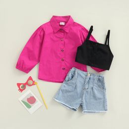 Clothing Sets Girls Clothing Sets Spring Autumn Toddler Girls Clothes Kids Long Sleeve Shirts Denim Shorts Vest Girl Suit Children Clothing 230412