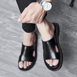 Sandals FZNYL Men Genuine Leather Sandals Air Cushion Slip On Slides Shoes NonSlip Rubber Sole Classic Black Flat Beach Slide Slippers 230412