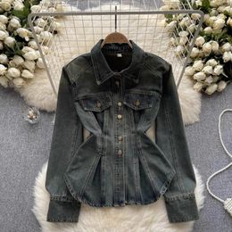 Women's Blouses Vintage Washed Distressed Denim Jacket Autumn Single-Breasted Tunic Shirt Long Sleeve Turn-Down Collar Jean Tops