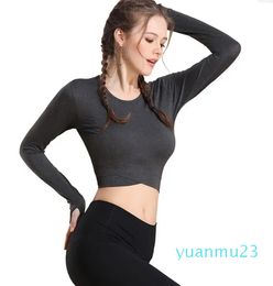 Yoga Outfits Colourful Seamless Shirts Women Breathable Long Sleeve Crop Top Thumb Hole Spandex Fitted Gym Workout Running