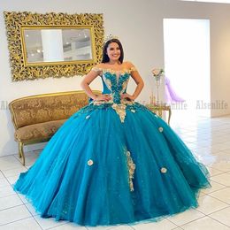 Blue Vestido De XV Anos 2023 Quinceanera Dresses Gold Appliques Off Shoulder Mexican Girls Sweet 15 Birthday Wear Party Dress