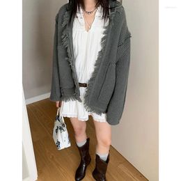 Women's Knits Gray Tassel Trim Knit Wrap Cardigan Women Autumn Korean Buckle Loose Fur Fringe Top