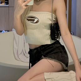 Tanks & Camis Hollow Out D-Metal Letter Yarn Knitted Tight Y2k Tube Top Off Shoulder Backless Halter Wipe Chest Top Short Slim Outside Wear Design