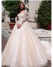 Dubai A Line Dresses Sequined Long Sleeve Plus Size Chapel Train Sweetheart Vestido De Novia Lace Appliqued Bridal Wedding Gowns Custom Made