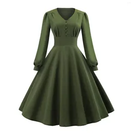 Casual Dresses Elegant Autumn Dress V-Neck Button Front High Waist Long Bishop Sleeve Women Clothes Green Solid Vintage Ladies Swing