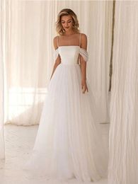 Party Dresses Vintage Spaghetti Strp Wedding Dress Off Shoulder Boat Neck Bridal Long Gown Simple Tulle Back Zipper Vestido De Novia Encaje