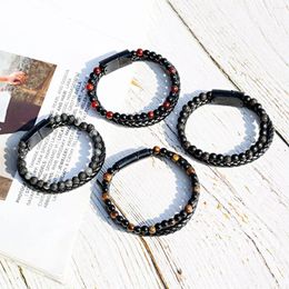 Charm Bracelets Natural Stone Multi-Layer Leather Bracelet Men Tiger Eye Stainless Steel Magnetic Clasp Women Jewelry