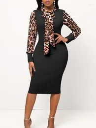 Casual Dresses Women's Long Sleeved Leopard Print Dress Elegant Midi Robe Round Neck Office Lady Summer Female