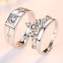 Band Rings Luxury AAA Zircon Couple Paired For Women Men Flower Crown Proposal Promise Adjustable Wedding Anniversary Jewellery 231110