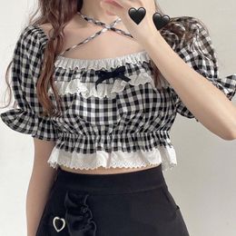 Women's Blouses Japanese Soft Girl Cute Lace Hanging Neck Straps Puff Sleeve Plaid Shirt Korean Vintage Kawaii Sweet Sexy Blouse Summer Tops