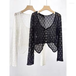 Women's Blouses Penny J Sense Line Lace Mesh Hollow Hook Flower Short Age Reducing Knitted Top