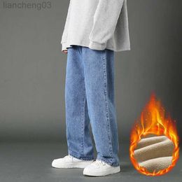 Men's Jeans Streetwear Men's Fleece Warm Baggy Jeans New Winter Elastic Waist Straight Wide Leg Pants Male Denim Trousers Black Light Blue W0413