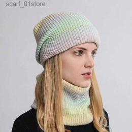 Hats Scarves Sets Women's Winter Keep Warm Beanie Scarf Set 2 Pieces La Fleece Lining Woollen Yarn Hat Knit Neck Gaiter Gradient Colour WholesaleL231111