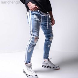 Men's Jeans Men's Skinny ripped jeans men Pants Pencil Biker Side Striped Jeans Destroyed Hole Hip Hop Slim Fit Man Stretchy Jean Print W0413