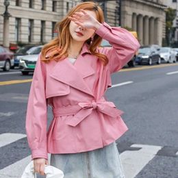 Women's Leather 2023Leather Coat Spring Autumn Women Genuine Short Windbreakers Loose Long Sleeve Outerwear Pink Sheepskin Jacket Casual