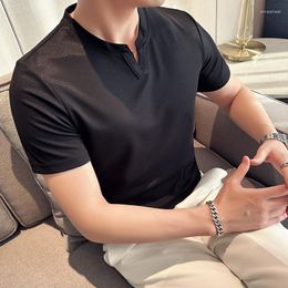 Men's T Shirts 2023 Summer V-neck T-shirtss Men High Stretch Breathable Waffle T-shirt Short Sleeve Slim Fit Casual Business Tee Tops M-4XL