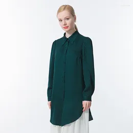 Women's Blouses Silk Jacquard Peacock Green Tops POLO Collar Long Sleeve Straight Tube Medium Asymmetric Fold Loose Shirt Woman BE695