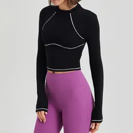 Active Shirts Gym Yoga Fitness Long Sleeve Slim Women Running Workout Contrast Color Crop Tops High Collar Soft Breathable Keep Warm
