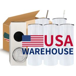 USA Warehouse 20oz Sublimation Blanks Water Bottles Straight Stainless Steel Tumblers Coffee Mugs with Lid and Plastic Straws