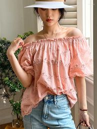 Women's Blouses Elegant Chic Embroidery Shirt Off The Shoulder Loose Cotton Women Hollow Out Sexy Ladies Blouse Top