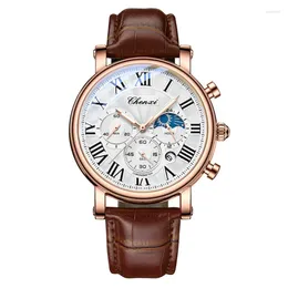 Wristwatches Calendar Moon Phase Men's Wrist Skin Leather Watch Strap Waterproof Business Leisure Quartz Watches For