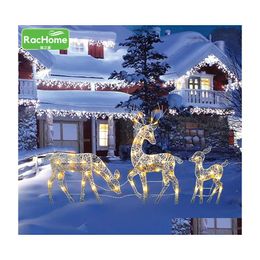 Christmas Decorations 3Pc Wrought Iron Deer With Led Light Glowing Flashing Elk Statue Glitter Sequins Reindeer Xmas Ornament Home D Otw3N