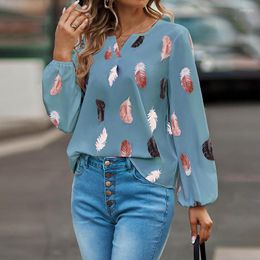 Women's T Shirts Elegant Chiffon Feather Print T-Shirt Women Fashion Loose Flared Sleeve Casual Commuter V Neck Tees Female Autumn Pullover