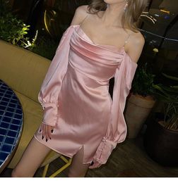 Women's party dresses chains spaghetti strap satin fabric off shoulder long sleeve short slim vestidos SML