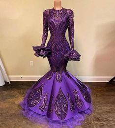 Prom Gown Purple Evening Dresses Party Formal Sequins Custom Zipper Lace Up Plus Size New Mermaid O-Neck Long Sleeve Satin Tulle