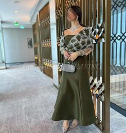 Party Dresses Olive Green Satin Long Sleeves Prom Beadings Ankle Length Saudi Arabic Women Evening Dress