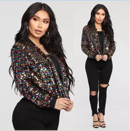 Women's Jacket Sequin Fitted Long Sleeve Open Front Zipper Blazer Bomber Jackets Top