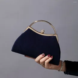 Evening Bags Vintage Pure Deep Blue Handle Handbags For Women Wedding Banquet Clutches Metal Chain Shoulder Prom Party