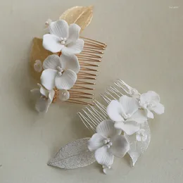 Hair Clips White Ceramic Flower Bridal Comb Shell Leaves Wedding Accessories Jewellery