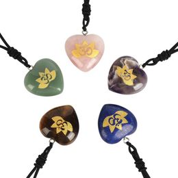 Pendant Necklaces Heart Natural Stone Charm Carving Yoga Chakra Sahasrara Sanskrit Symbol Necklace Women Reiki Healing Crystal JewelryPendan