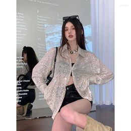 Women's Blouses Heavy Industry Sequin Long Sleeve Shirt For Women Spring/Autumn Vintage Unique Mid Length Loose Cardigan Blouse Tops