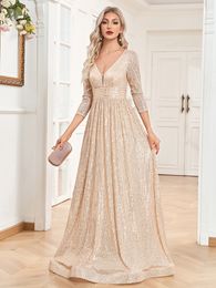 2023 Gold Bridesmaid Shiny Bling Long Country Garden Wedding Gästklänning Sexig V Neck Prom Dress Arabisk Sequined Bride Dress Maid of Honor -klänningar Kvällsklänningar