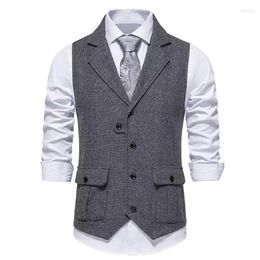 Men's Vests Suit Vest Western Herringbone Tuxedo Tweed Wool Blend Waistcoat Slim Fit Grey Blazer With 2 Flap Pocket