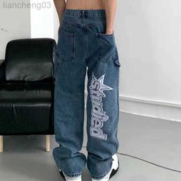 Men's Jeans Retro Pockets Letters Print Ripped Casual Jeans Men Straight Wide Leg Pant Women Harajuku Oversize Streetwear Denim Trouser W0413