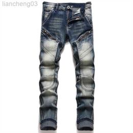 Men's Jeans Pactchwork Trousers For Men Jeans Streetwear Denim Pants Trend Brand Casual Solid Biker Simple Design Man Motorcycle Jean Male W0413