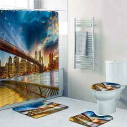 Shower Curtains City Scenery Telephone Booth High Building Bridge Street Planet Print Curtain Retro Wood Grain Bathroom Velvet Mats