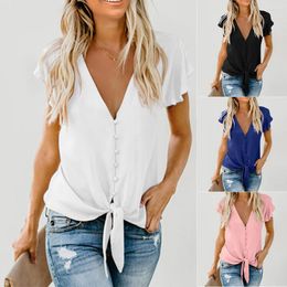 Women's T Shirts 2023 Women Vintage V Neck Long Sleeve Hem Knotted Casual Short Smock Chic Blouse Ladies Retro Crop Femininas Shirt Tops