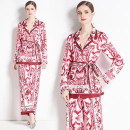 Pyjama Set for Women Designer Blazer Neck Paisley Floral Tops and Wide Leg Pants Long Sleeve Lace Up Bow Elegant Suits 2023 Spring Autumn Chic Runway Home Wear Sets